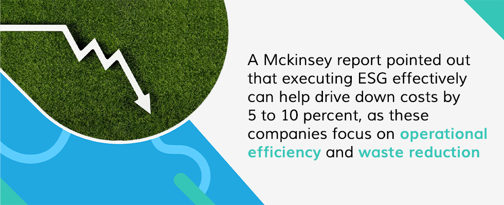 A Mckinsey report pointed out that executing ESG effectively can help drive down costs by 5 to 10 percent, as these companies focus on operational efficiency and waste reduction