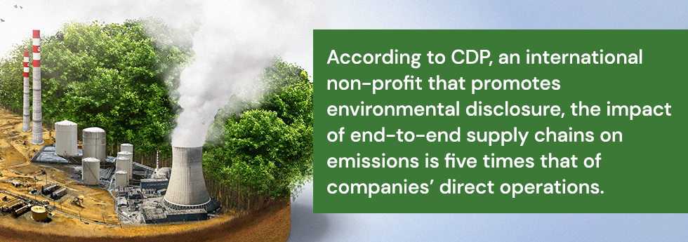 According to CDP, an international non-profit that promotes environmental disclosure, the impact of end-to-end supply chains on emissions is five times that of companies’ direct operations.